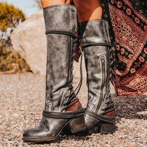 Freebird COAL Gray Lace-Up Back Knee High Boots Leather Size 8